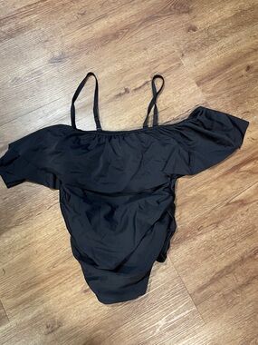 Black Off-Shoulder Ruffle One-Piece Maternity Swimsuit